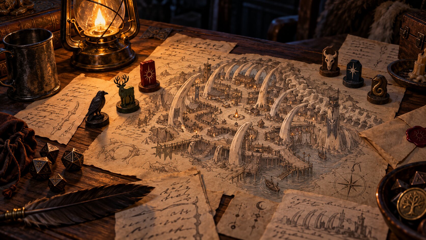 A game master reading handwritten campaign notes beside a lantern, with a sketched bone-walled town map and faction tokens on the table