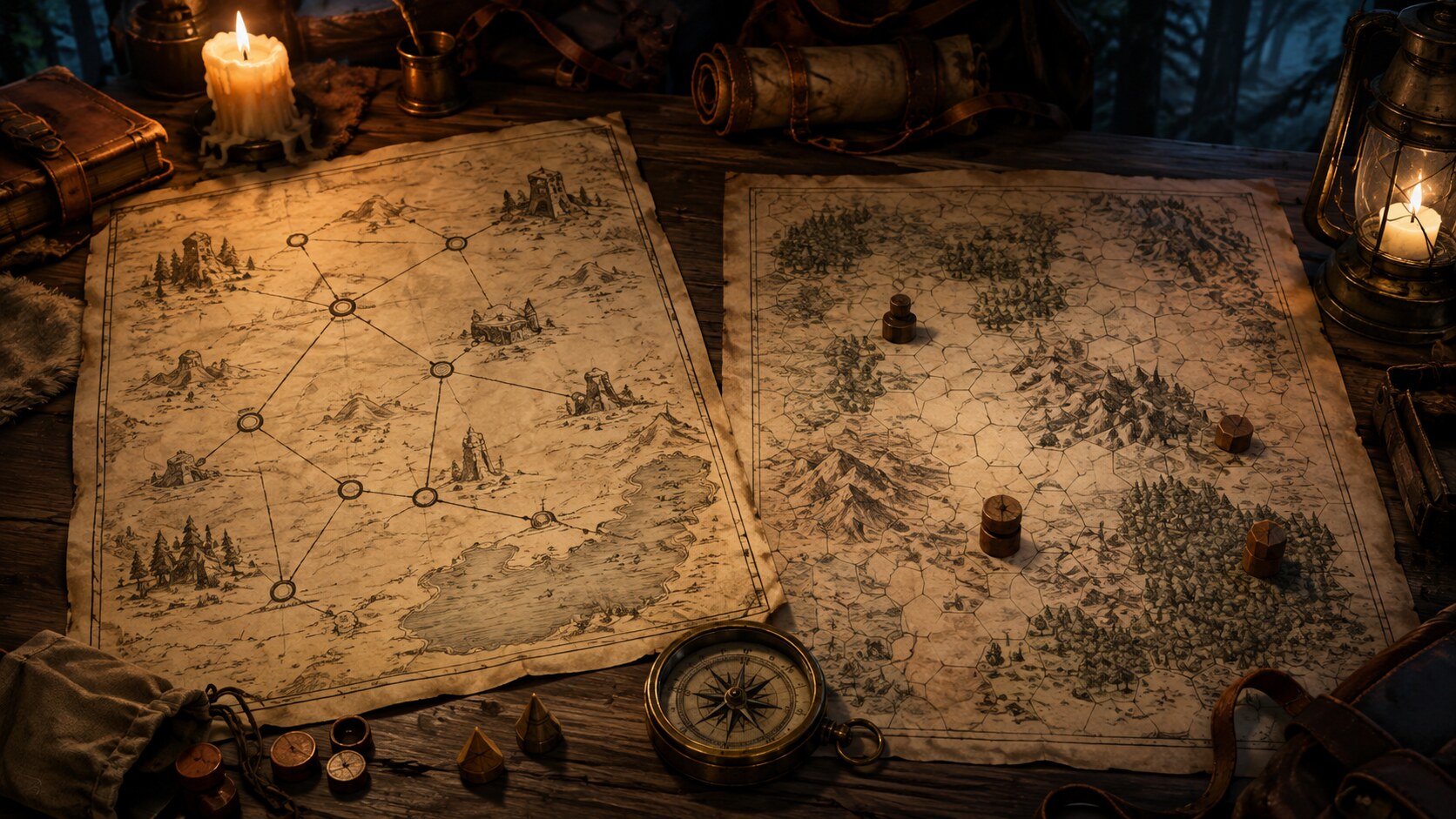 Candle-lit tabletop with a route-node point crawl map beside a hex-grid wilderness map