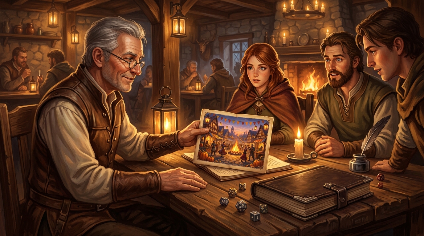A GM handing a short illustrated setting primer across a gaming table to players, with a thicker private notebook kept closed beside it