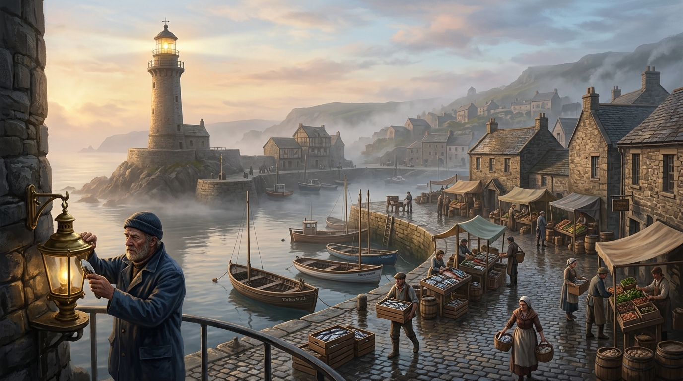 A stone lighthouse above a harbour town at dawn, its lamp lit through morning mist while fishing boats and market stalls fill the quayside below
