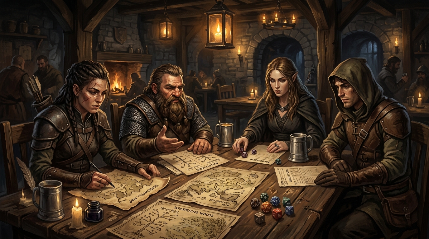 Adventurers gathered around a scarred wooden table studying scattered skill charts, maps, and dice in a dim, gritty fantasy hall