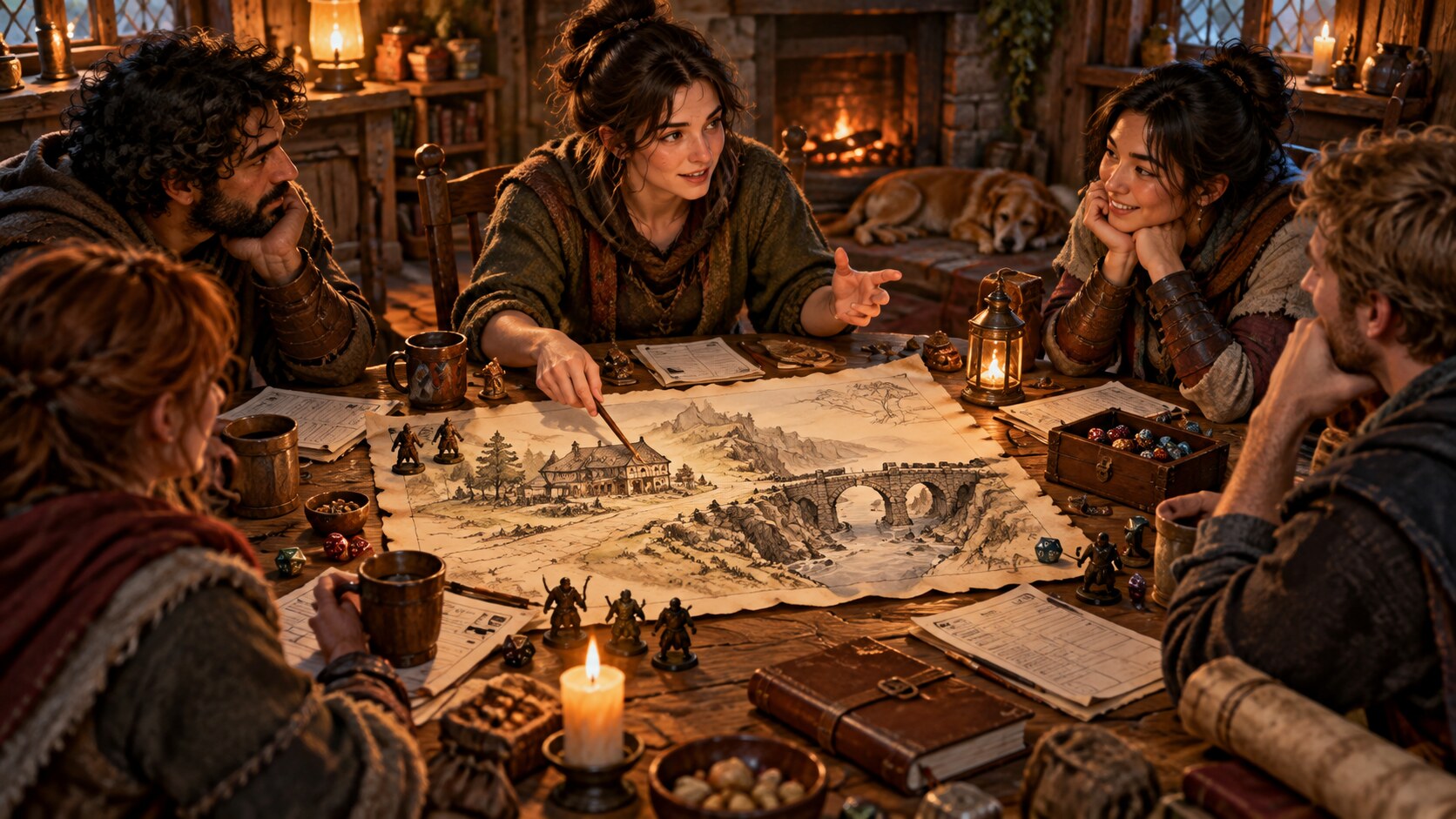 Players gathered around an inn-and-bridge map with dice and miniatures during a D&D game