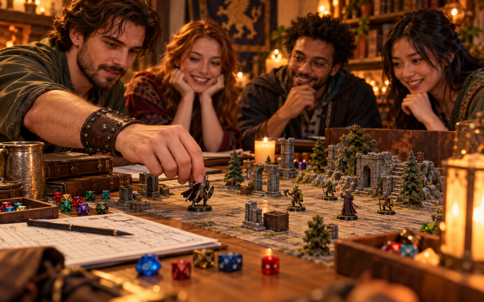 New D&D players around a table as a fighter decides between movement and action on a battle map