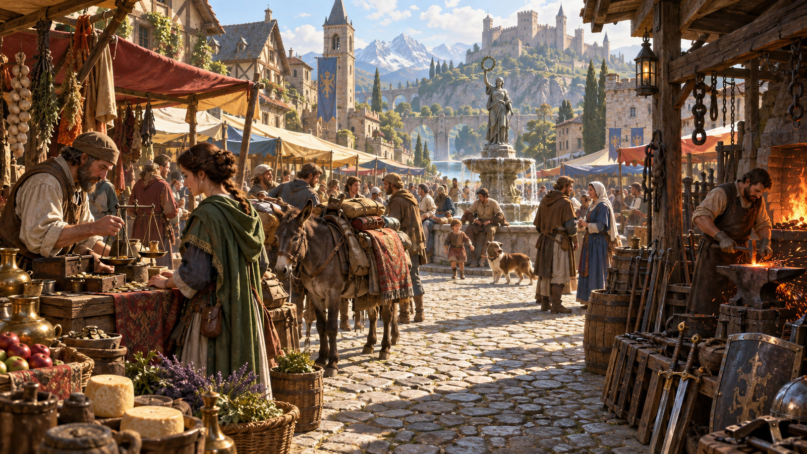 A fantasy market square with stalls, a smithy, and merchants weighing coins beside laden pack animals