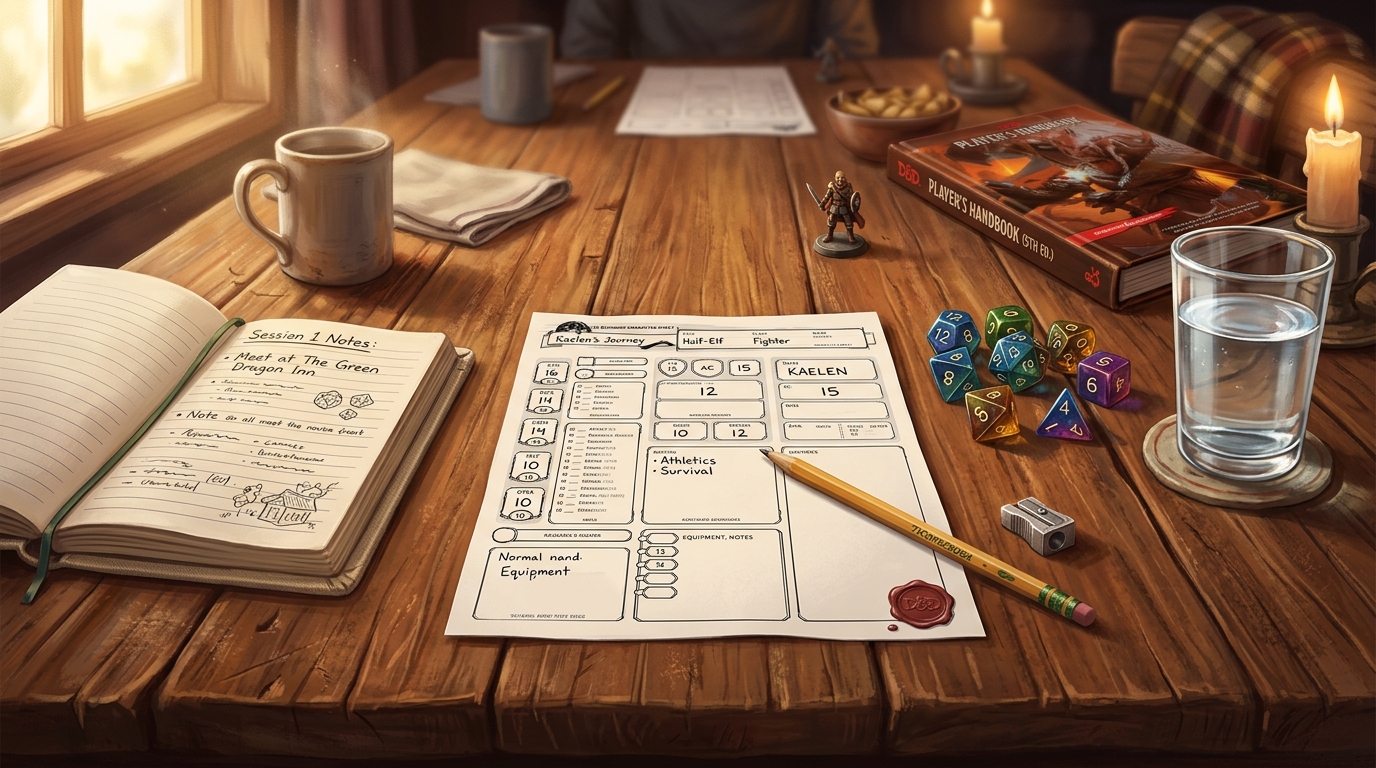 A welcoming D&D table with a simple character sheet, pencil, dice, and notebook ready for a new player