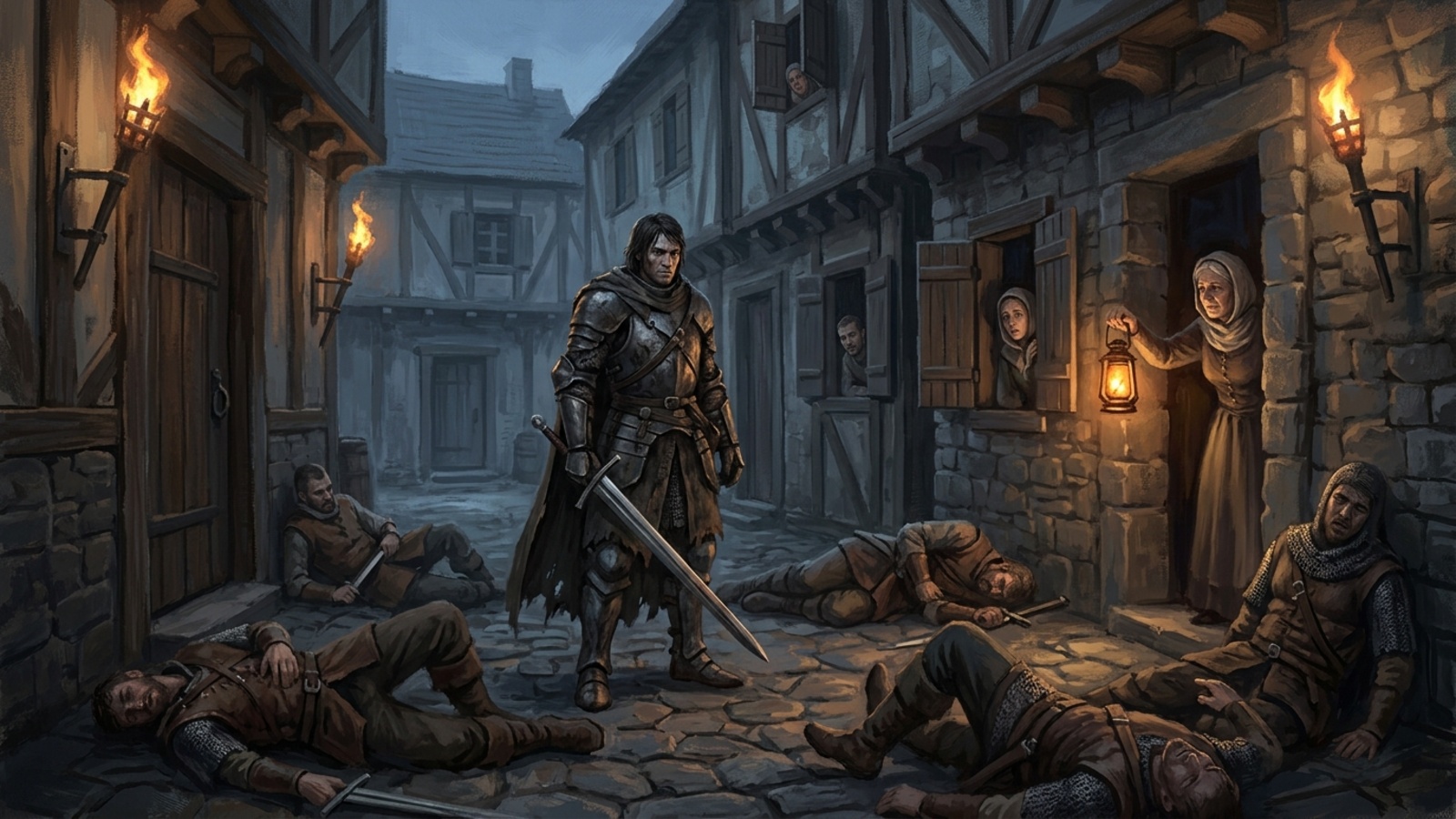 A grim adventurer standing over fallen foes in a torch-lit village square while wary townsfolk watch from doorways