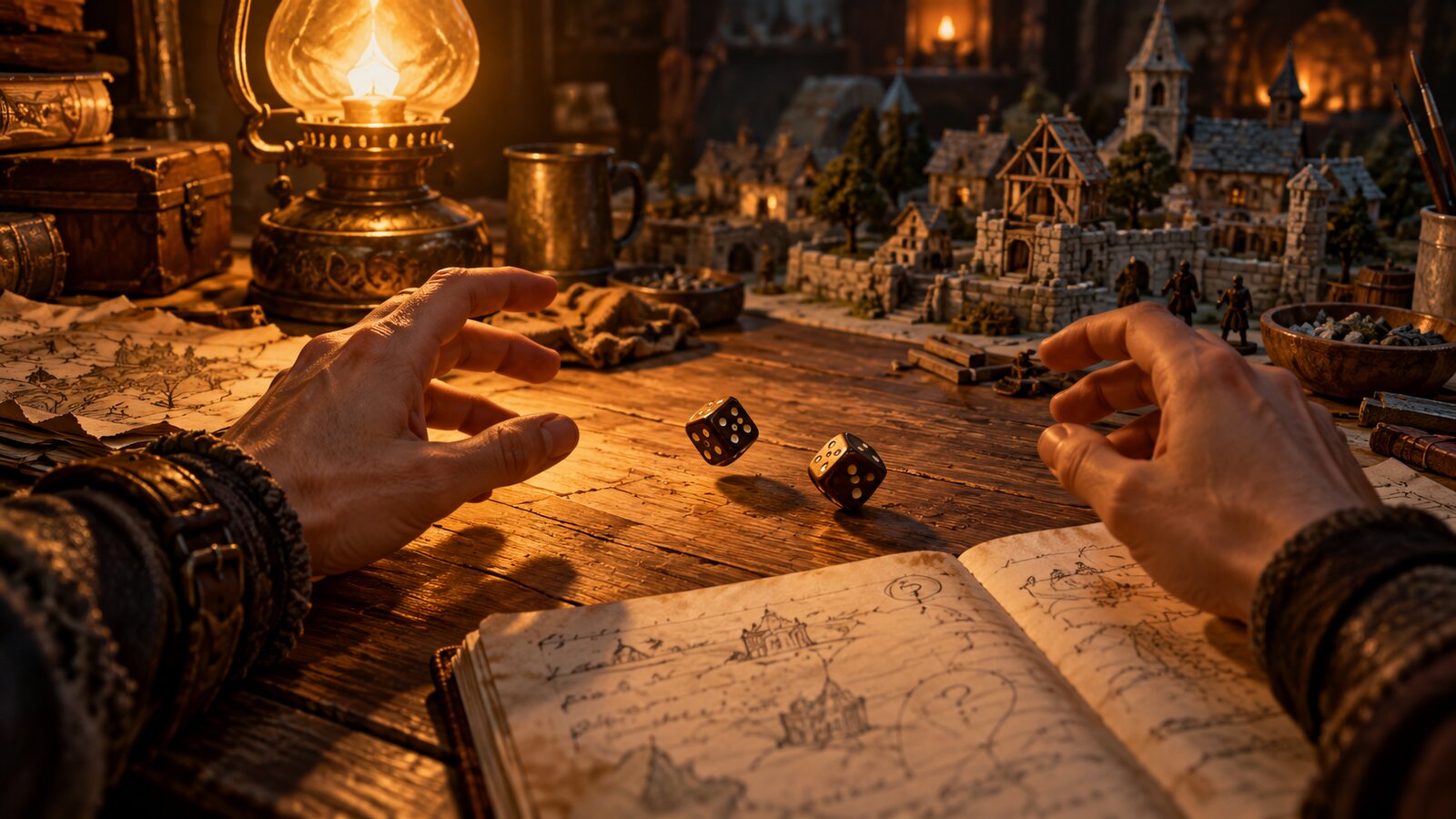 A player's hands over a cluttered table with two dice mid-roll beside an open notebook of questions under a brass lamp