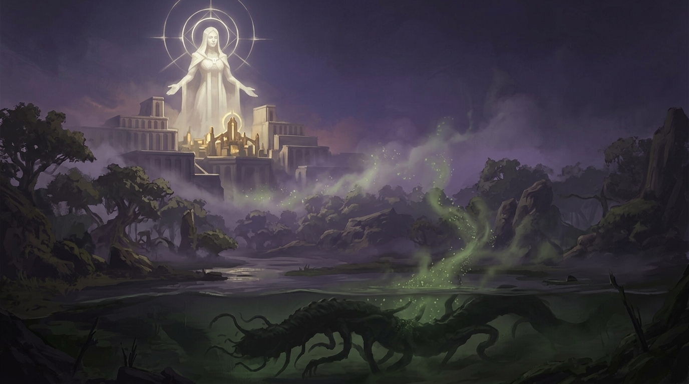 A celestial god above a shrine and a wormlike demon lord beneath a plague marsh share a world