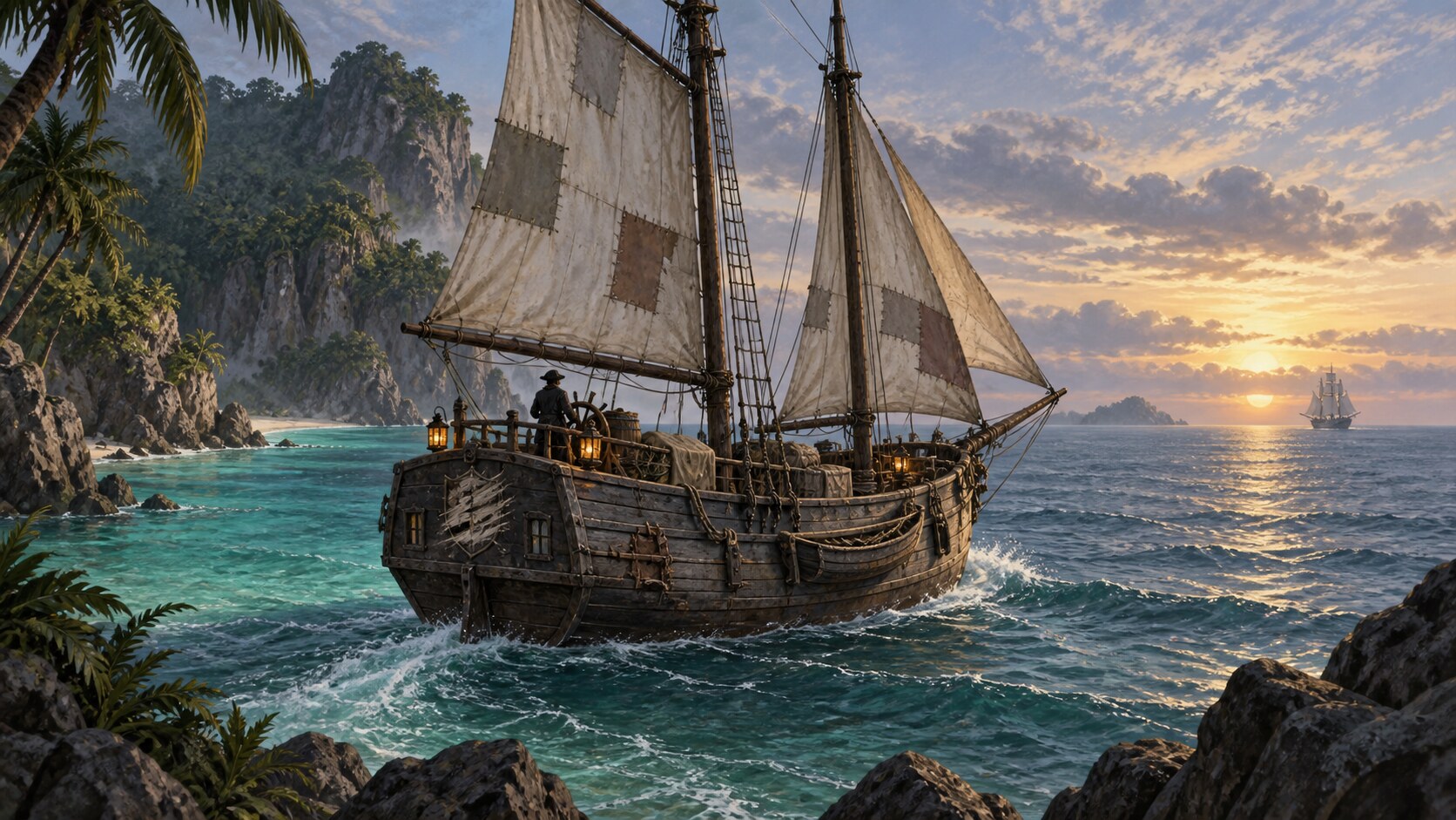 A weathered two-masted pirate schooner leaving a tropical cove at dawn while a naval cutter watches from the horizon