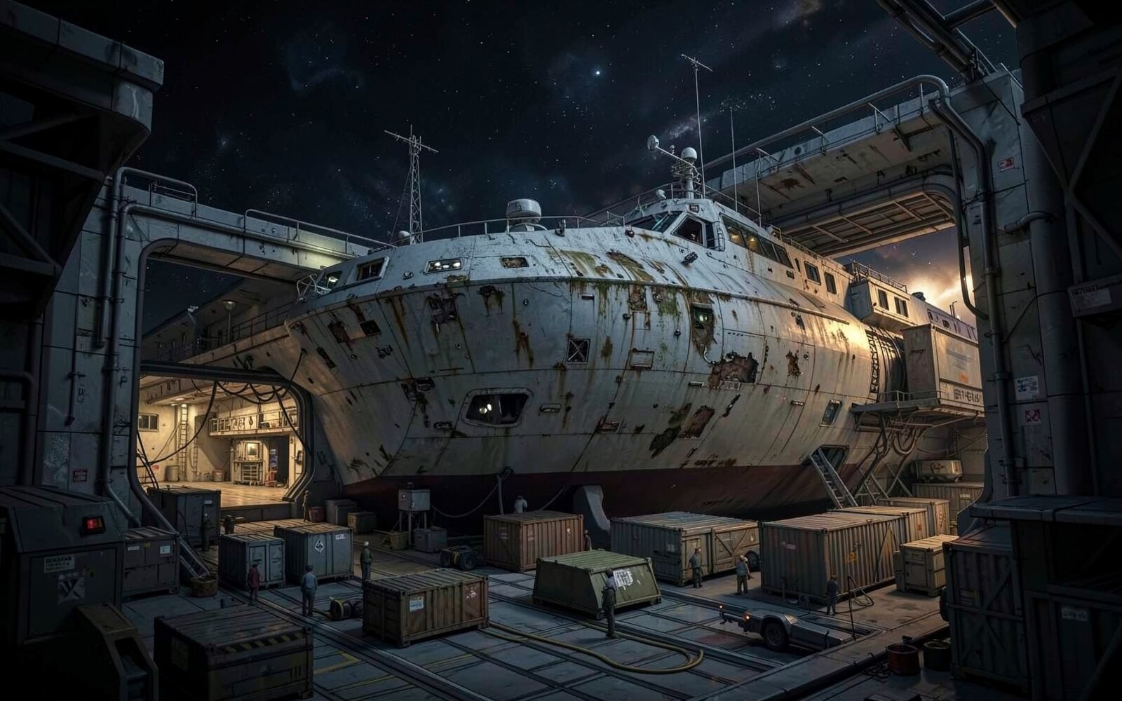 A weathered cargo freighter docked at a rundown space station airlock, cargo containers being loaded under a starfield