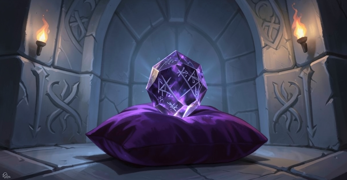 Illustration of an ornate warded gemstone resting on a velvet cushion inside a vault