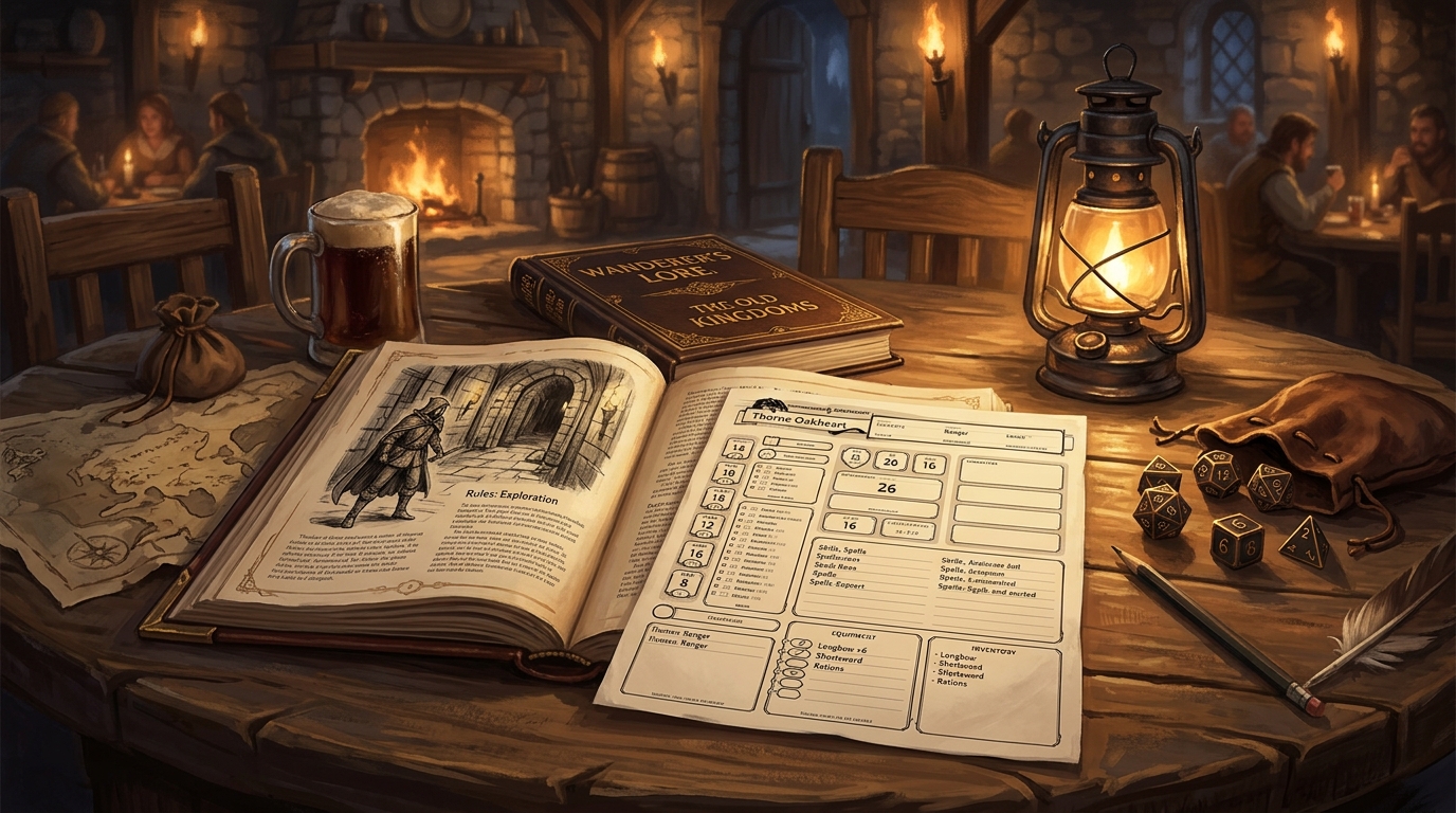 Open fantasy tabletop RPG rulebook and character sheet with dice on a rustic wooden table in warm lantern light