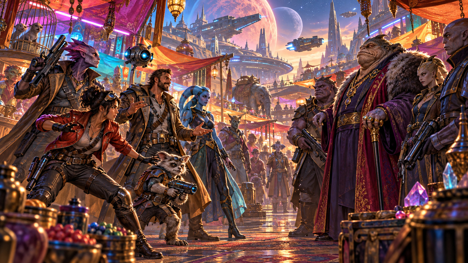 A loud starship crew facing a crime boss on a colourful alien market world, dice on the table