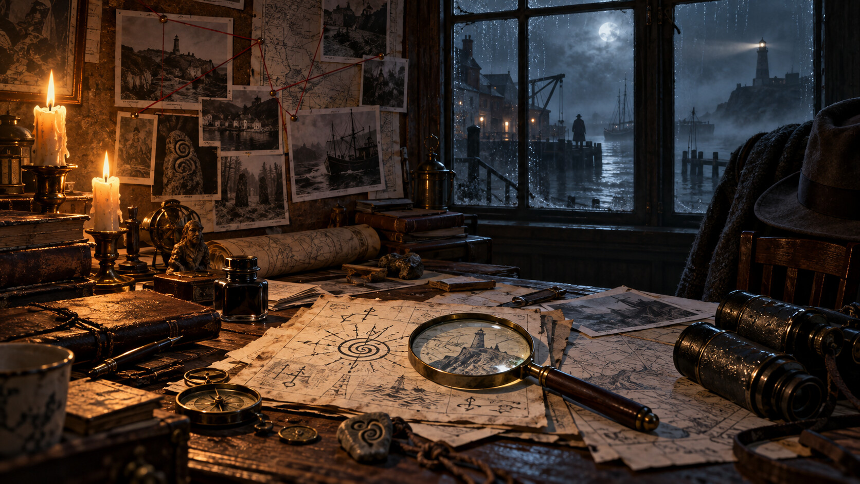 A candle-lit investigator's desk covered in case notes, with pinned photographs and a foggy harbour beyond the window