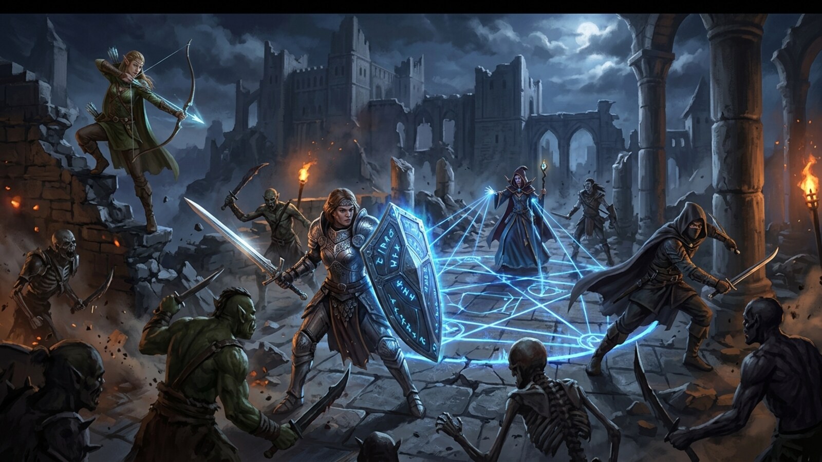 An adventuring party executing a coordinated tactical combat formation amid fortress ruins with a runic shield, elevated archery, and glowing geometric spell wards