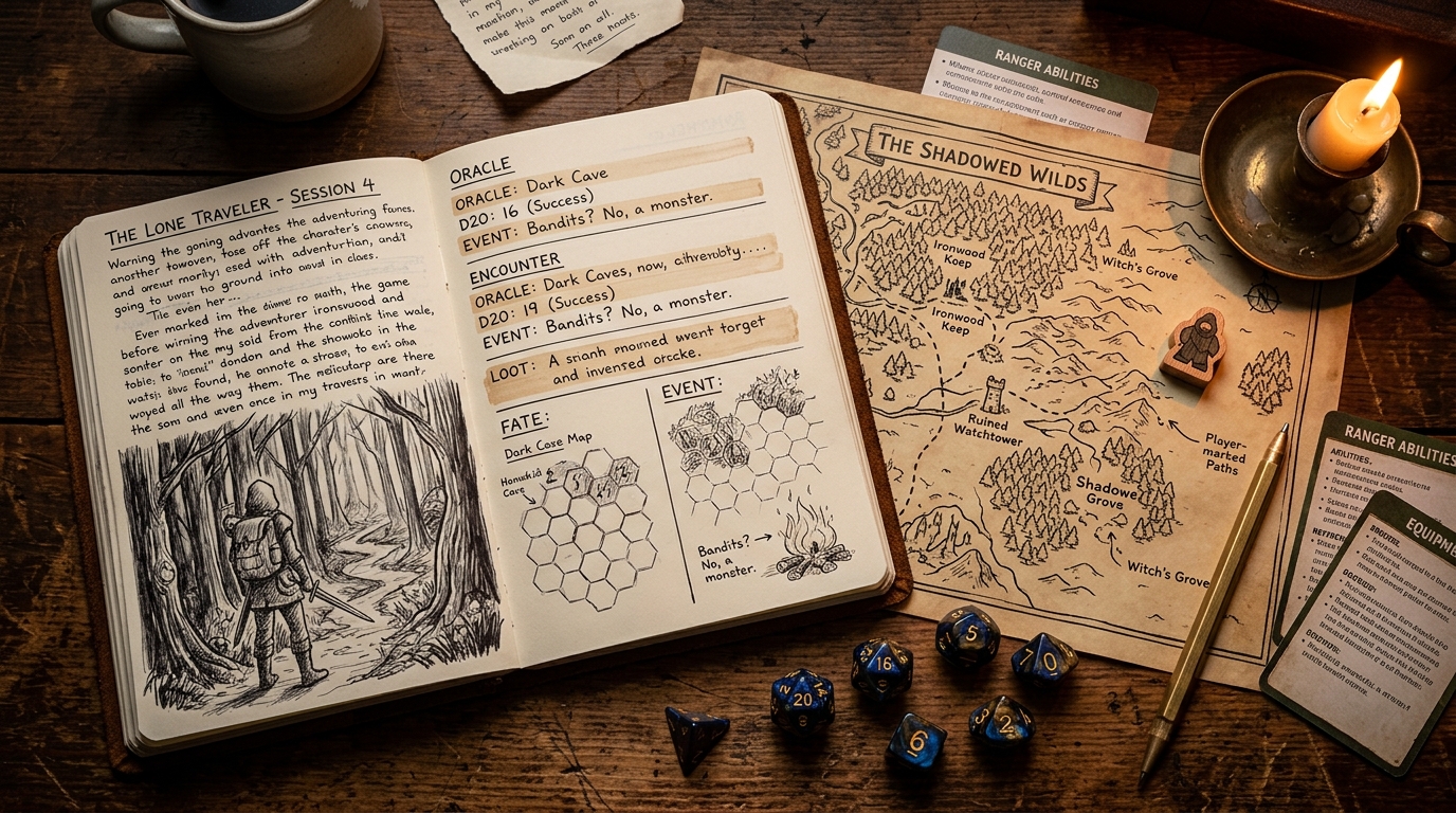 A solo tabletop RPG session in progress with open journal, dice, maps and character notes under warm candlelight