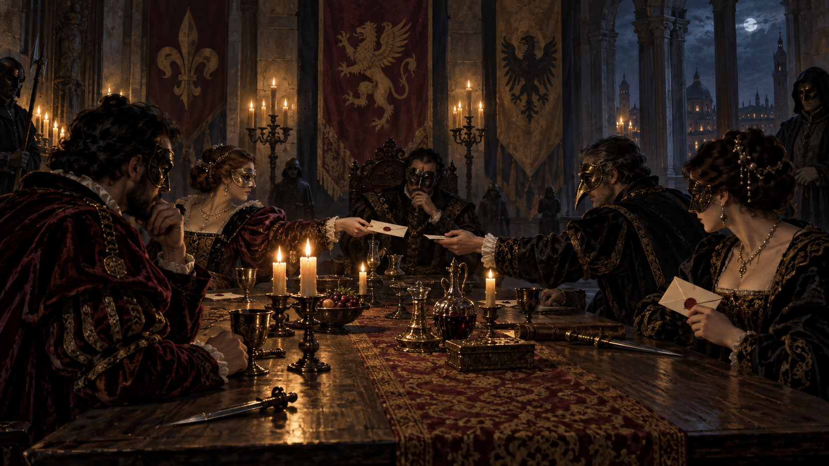 A candle-lit council chamber where masked nobles trade sealed letters around a long table beneath tall banners