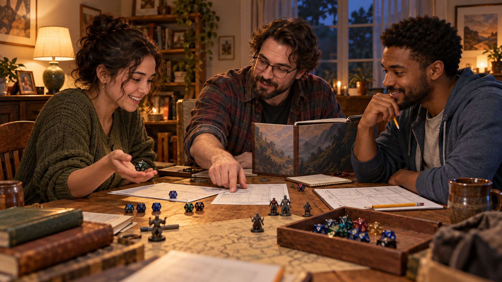 New D&D players gathered around a table with character sheets, dice, and a welcoming Dungeon Master
