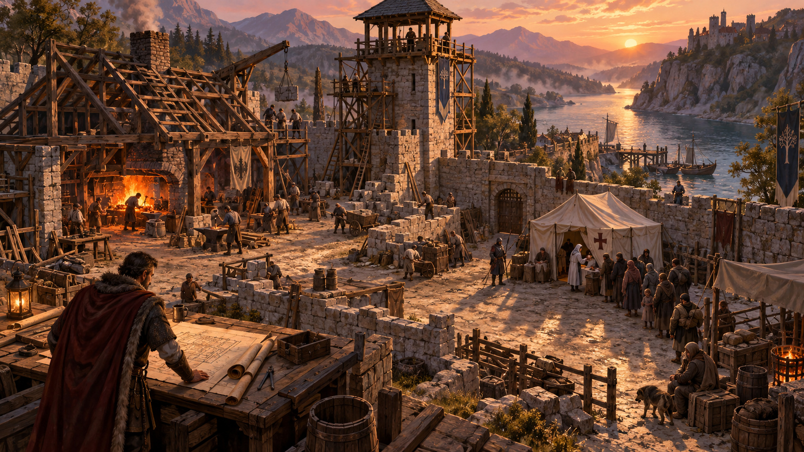 A fortified courtyard at golden hour with a smithy under construction, scaffolding on a watchtower and a steward studying plans