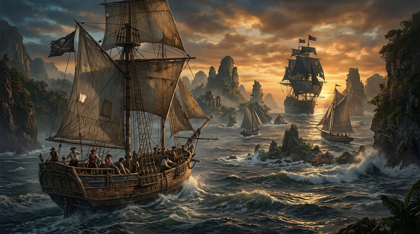Pirate ships at low light off a tropical archipelago, isles and reefs charted beyond, adventure waiting on each horizon