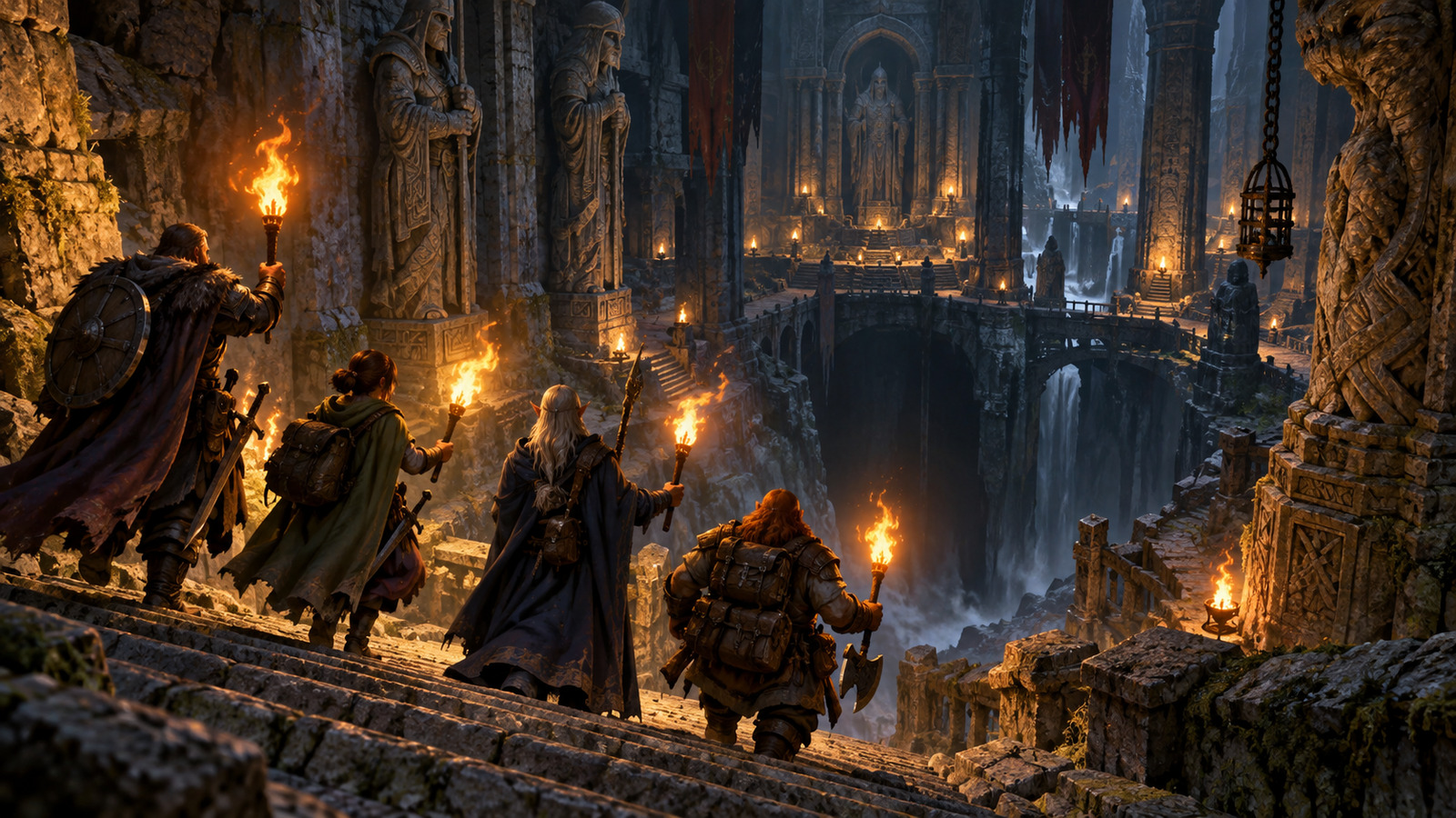 Adventurers with burning torches descending into a vast torch-lit dungeon hall, dice on the table