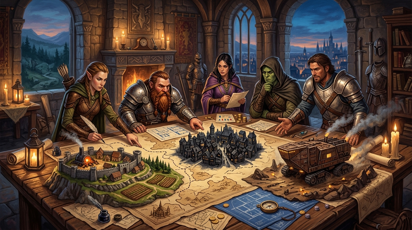 Players compare a growing settlement, a hidden crew lair, and a mobile crawler around a campaign map