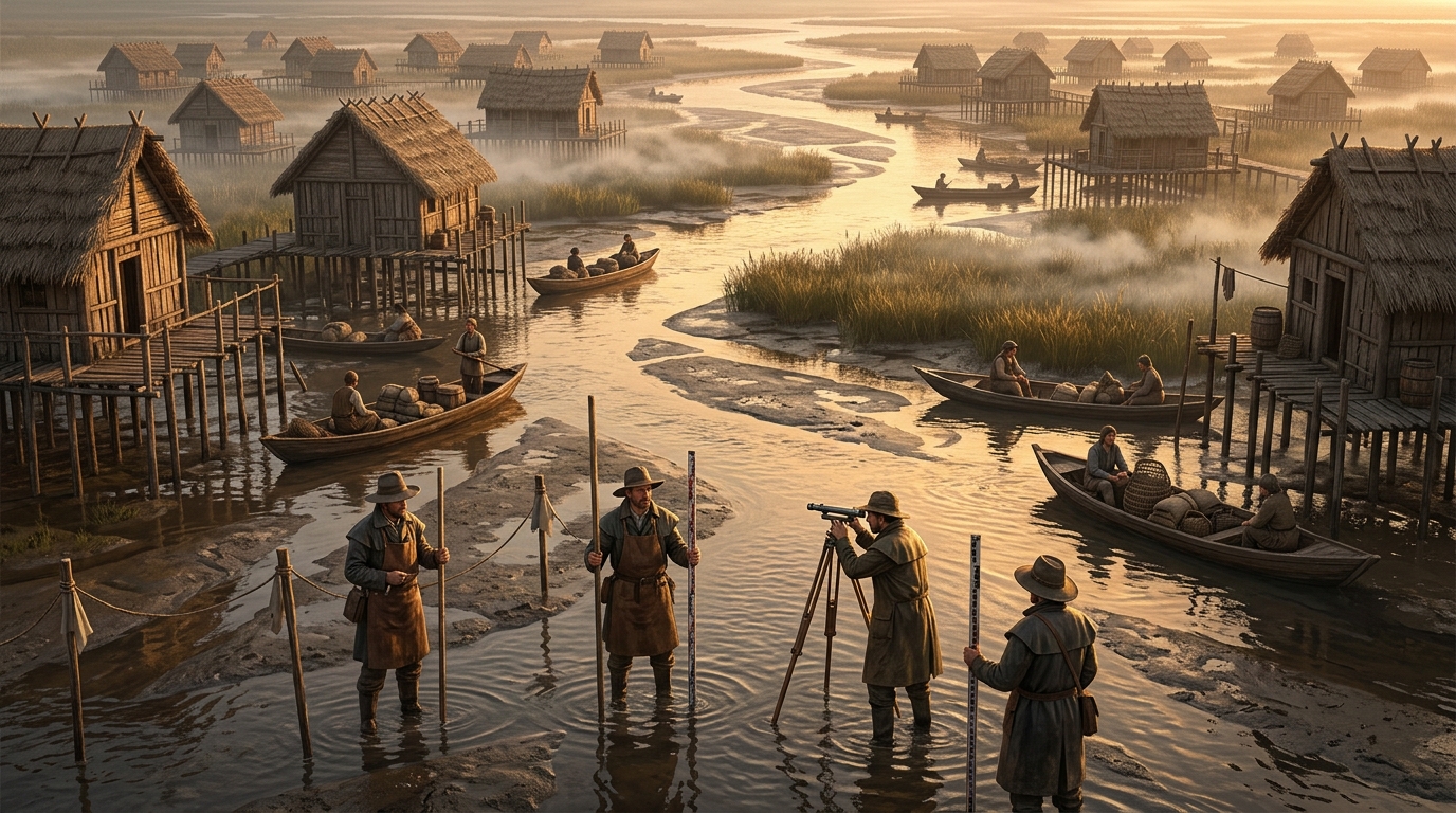 River delta settlement at golden hour with stilt houses, flat boats and surveyors marking a new channel through misty reed beds