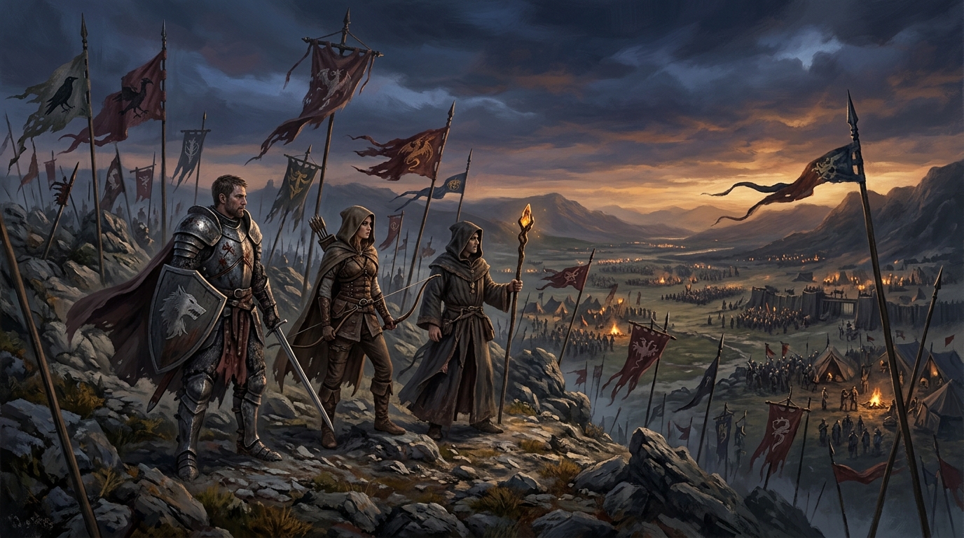 Fantasy battle standards and unit banners on a ridge at dusk, with a small adventuring party visible in the foreground