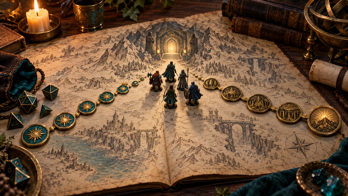 A fantasy campaign map splits into a trail of experience tokens and a milestone track, then meets at a party approaching a lantern-lit doorway