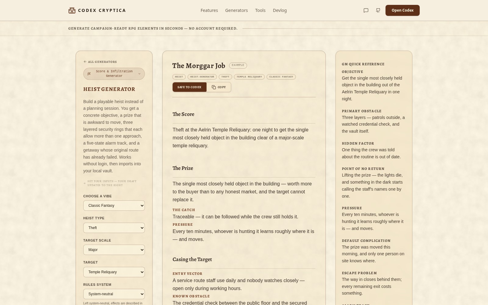 Codex Cryptica heist generator drafting a score, layered security rings, and an alarm track