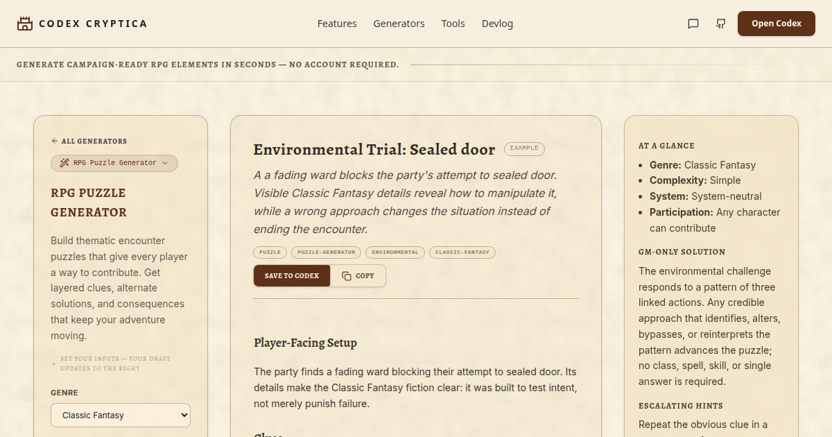 Codex Cryptica RPG Puzzle Generator showing the input form, generated puzzle draft, and GM reference rail